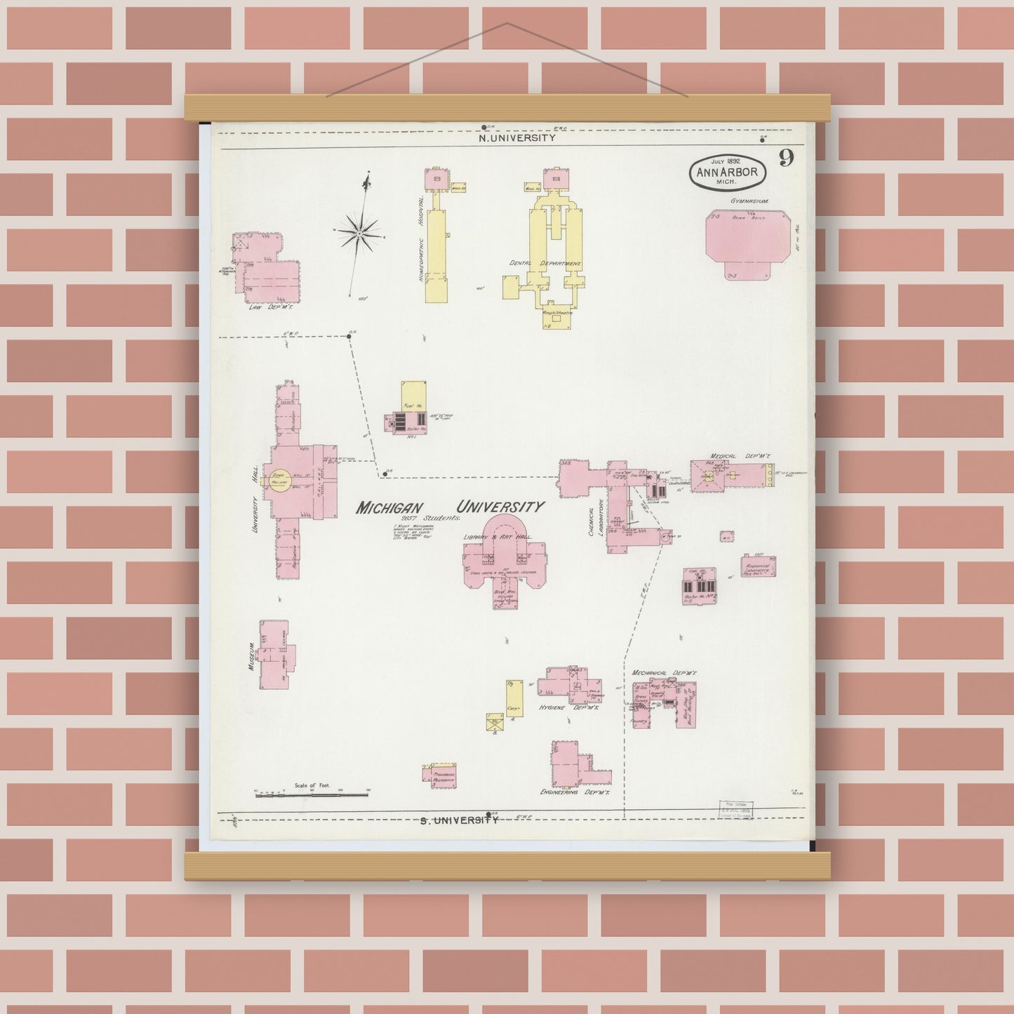 Old map wall art mockup — magnetic wood frame on brick wall — Sanborn Fire Insurance Map from Ann Arbor, Washtenaw County, Michigan (1892), Sheet #0009