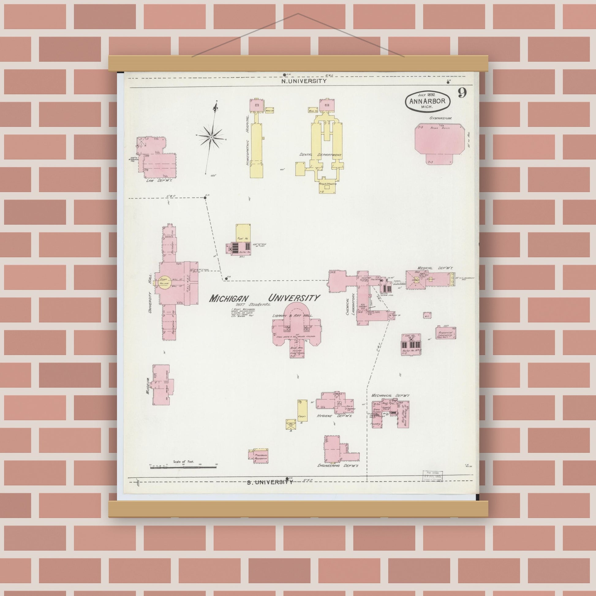 Old map wall art mockup — magnetic wood frame on brick wall — Sanborn Fire Insurance Map from Ann Arbor, Washtenaw County, Michigan (1892), Sheet #0009