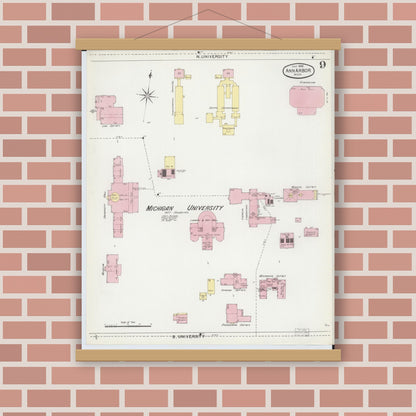 Old map wall art mockup — magnetic wood frame on brick wall — Sanborn Fire Insurance Map from Ann Arbor, Washtenaw County, Michigan (1892), Sheet #0009