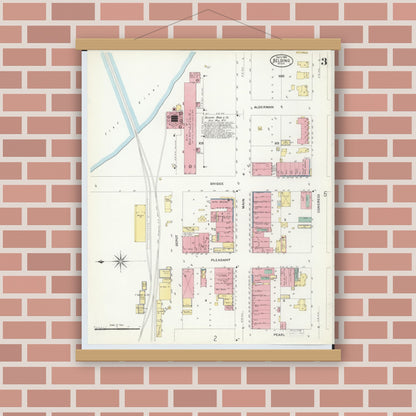 Old map wall art mockup — magnetic wood frame on brick wall — Sanborn Fire Insurance Map from Belding, Ionia County, Michigan (1908), Sheet #0003