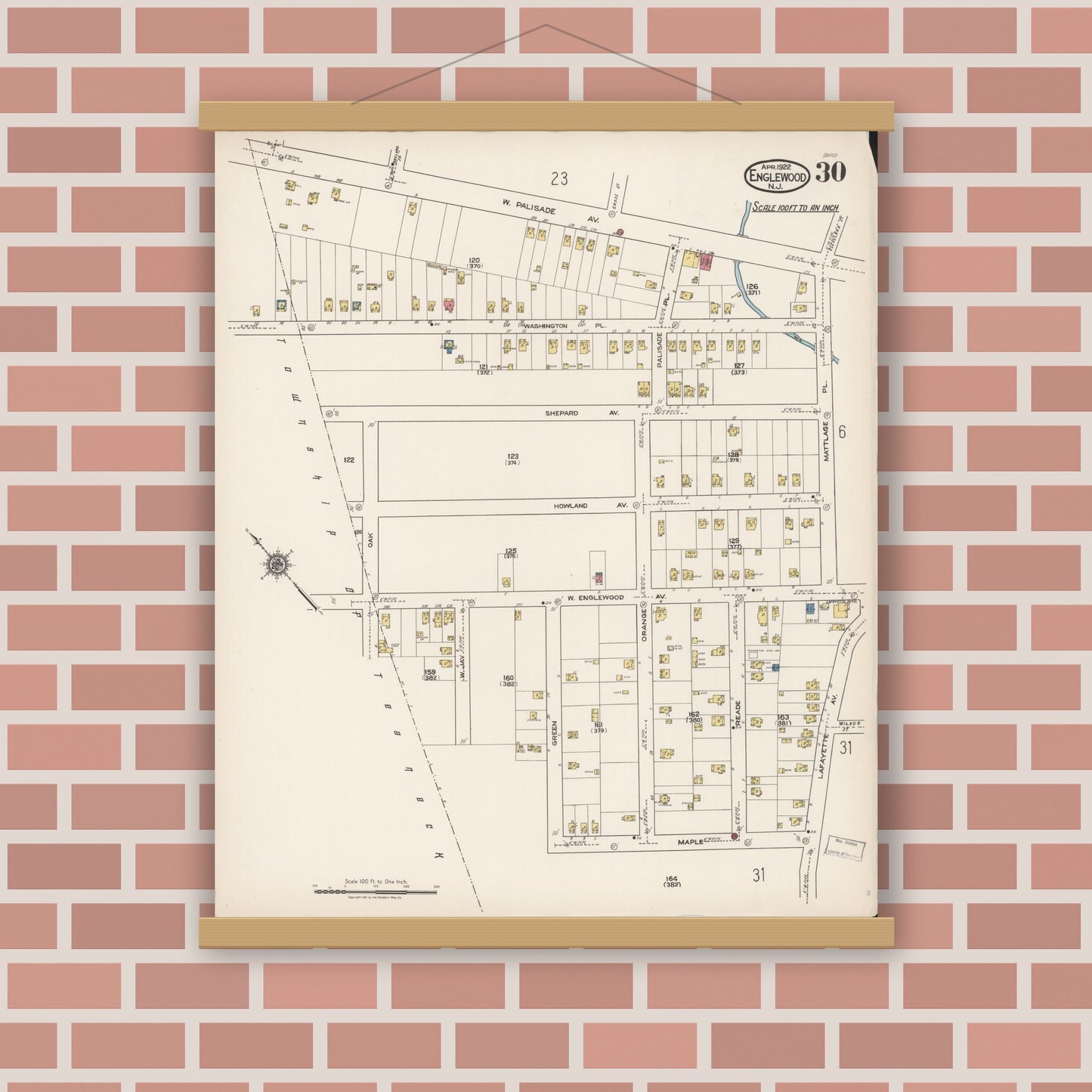 Old map wall art mockup — magnetic wood frame on brick wall — Sanborn Fire Insurance Map from Englewood, Bergen County, New Jersey (1922), Sheet #0030