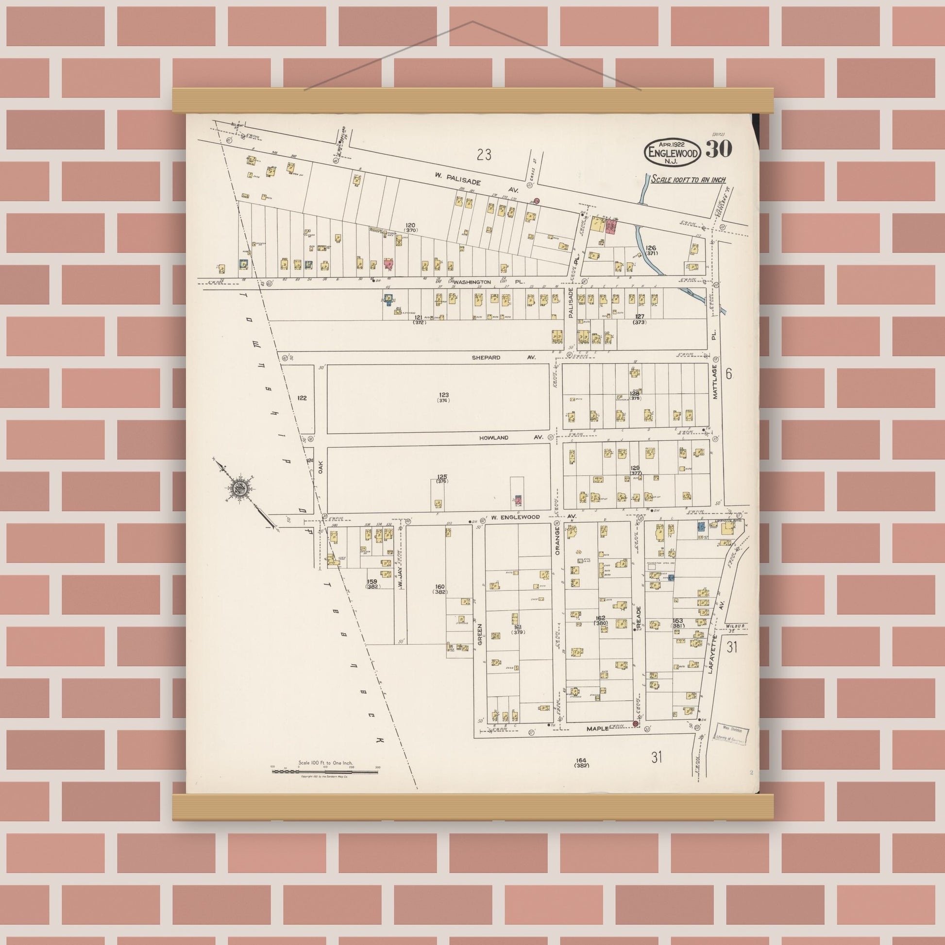 Old map wall art mockup — magnetic wood frame on brick wall — Sanborn Fire Insurance Map from Englewood, Bergen County, New Jersey (1922), Sheet #0030