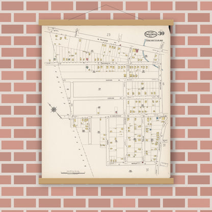 Old map wall art mockup — magnetic wood frame on brick wall — Sanborn Fire Insurance Map from Englewood, Bergen County, New Jersey (1922), Sheet #0030