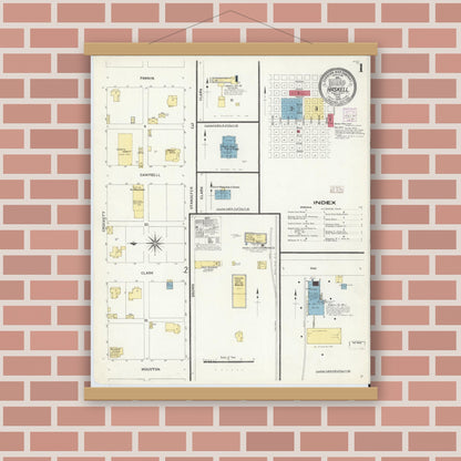 Old map wall art mockup — magnetic wood frame on brick wall — Sanborn Fire Insurance Map from Haskell, Haskell County, Texas (1908) - Complete Map Set