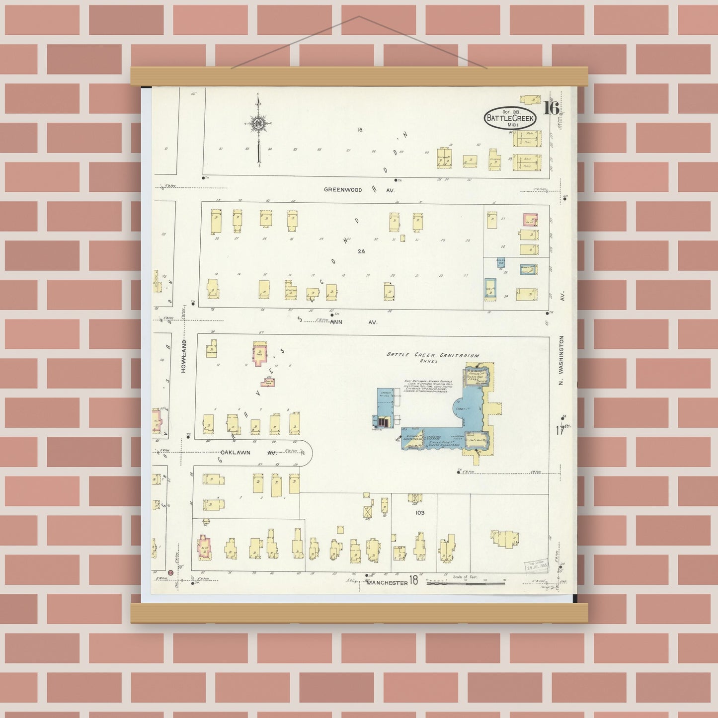 Old map wall art mockup — magnetic wood frame on brick wall — Sanborn Fire Insurance Map from Battle Creek, Calhoun County, Michigan (1913), Sheet #0016