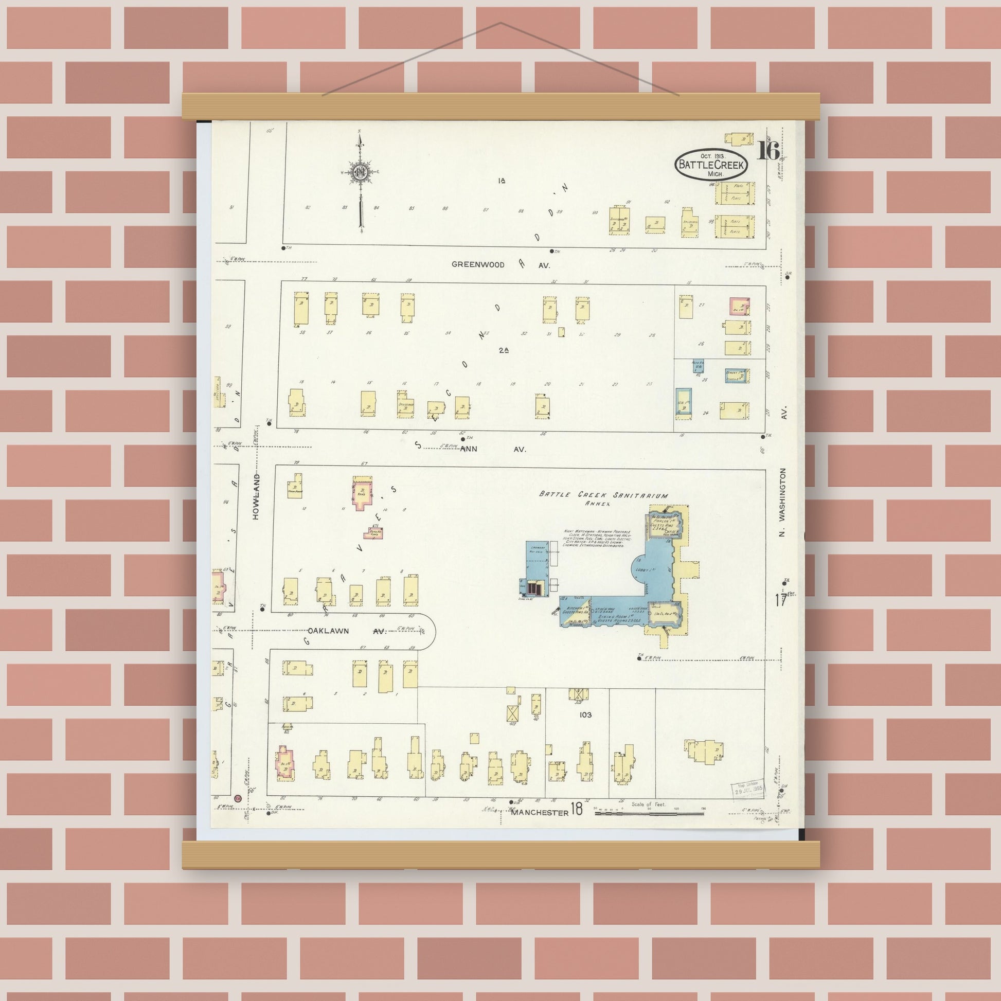 Old map wall art mockup — magnetic wood frame on brick wall — Sanborn Fire Insurance Map from Battle Creek, Calhoun County, Michigan (1913), Sheet #0016