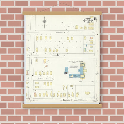 Old map wall art mockup — magnetic wood frame on brick wall — Sanborn Fire Insurance Map from Battle Creek, Calhoun County, Michigan (1913), Sheet #0016