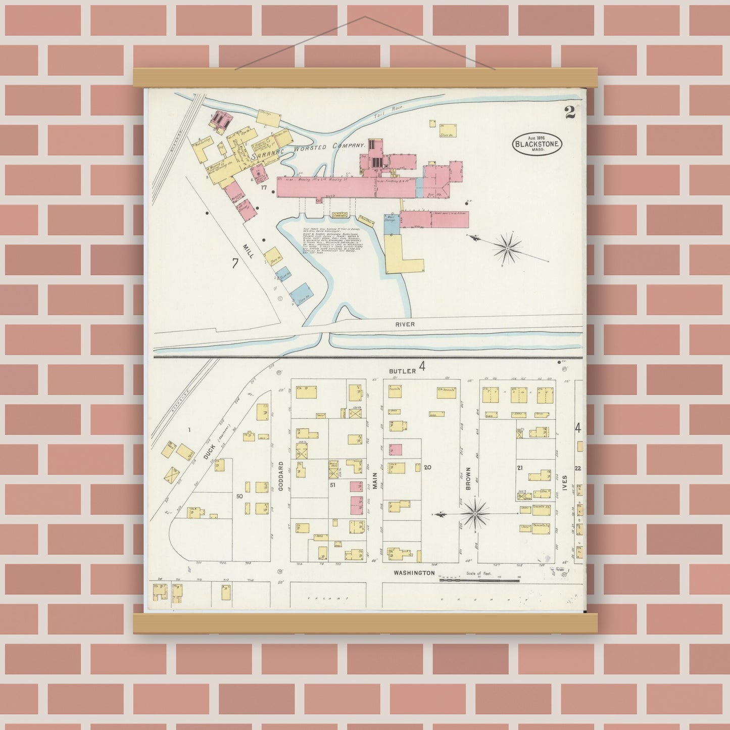 Old map wall art mockup — magnetic wood frame on brick wall — Sanborn Fire Insurance Map from Blackstone, Worcester County, Massachusetts (1898), Sheet #0002