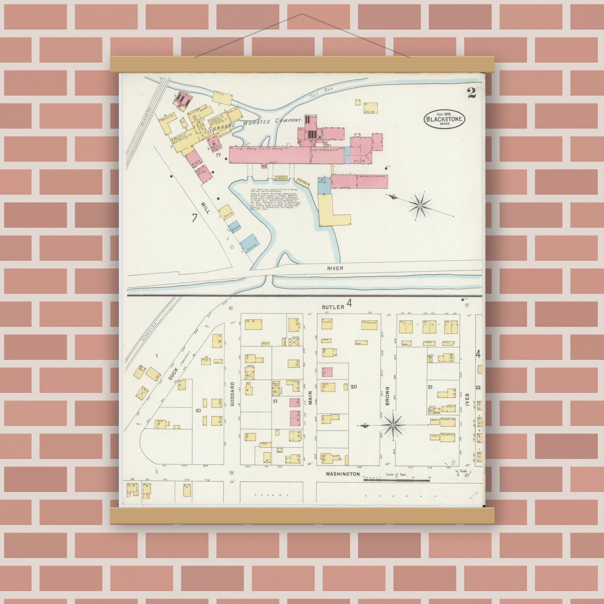 Old map wall art mockup — magnetic wood frame on brick wall — Sanborn Fire Insurance Map from Blackstone, Worcester County, Massachusetts (1898), Sheet #0002