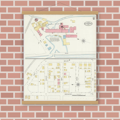 Old map wall art mockup — magnetic wood frame on brick wall — Sanborn Fire Insurance Map from Blackstone, Worcester County, Massachusetts (1898), Sheet #0002
