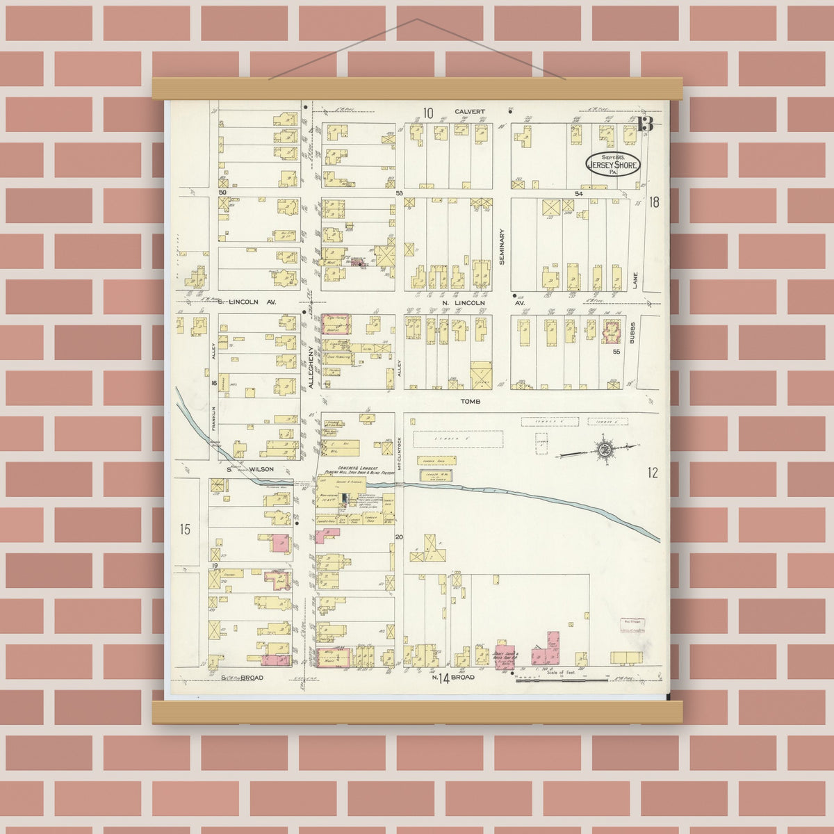Old map wall art mockup — magnetic wood frame on brick wall — Sanborn Fire Insurance Map from Jersey Shore, Lycoming County, Pennsylvania (1913), Sheet #0013