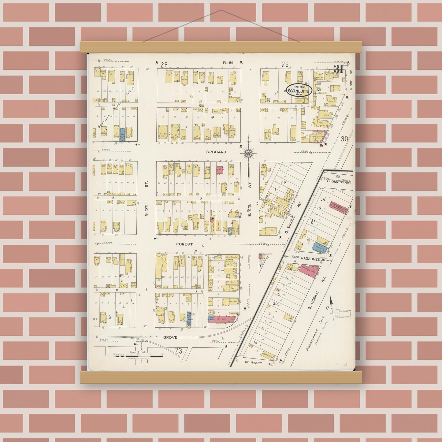 Old map wall art mockup — magnetic wood frame on brick wall — Sanborn Fire Insurance Map from Wyandotte, Wayne County, Michigan (1922), Sheet #0031