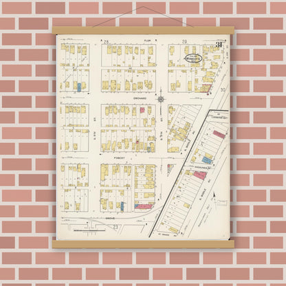 Old map wall art mockup — magnetic wood frame on brick wall — Sanborn Fire Insurance Map from Wyandotte, Wayne County, Michigan (1922), Sheet #0031