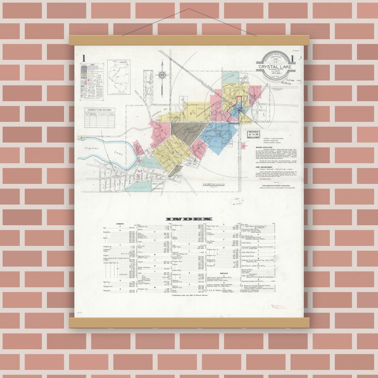 Old map wall art mockup — magnetic wood frame on brick wall — Sanborn Fire Insurance Map from Crystal Lake, McHenry County, Illinois (1936), Sheet #0001