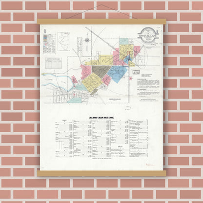 Old map wall art mockup — magnetic wood frame on brick wall — Sanborn Fire Insurance Map from Crystal Lake, McHenry County, Illinois (1936), Sheet #0001