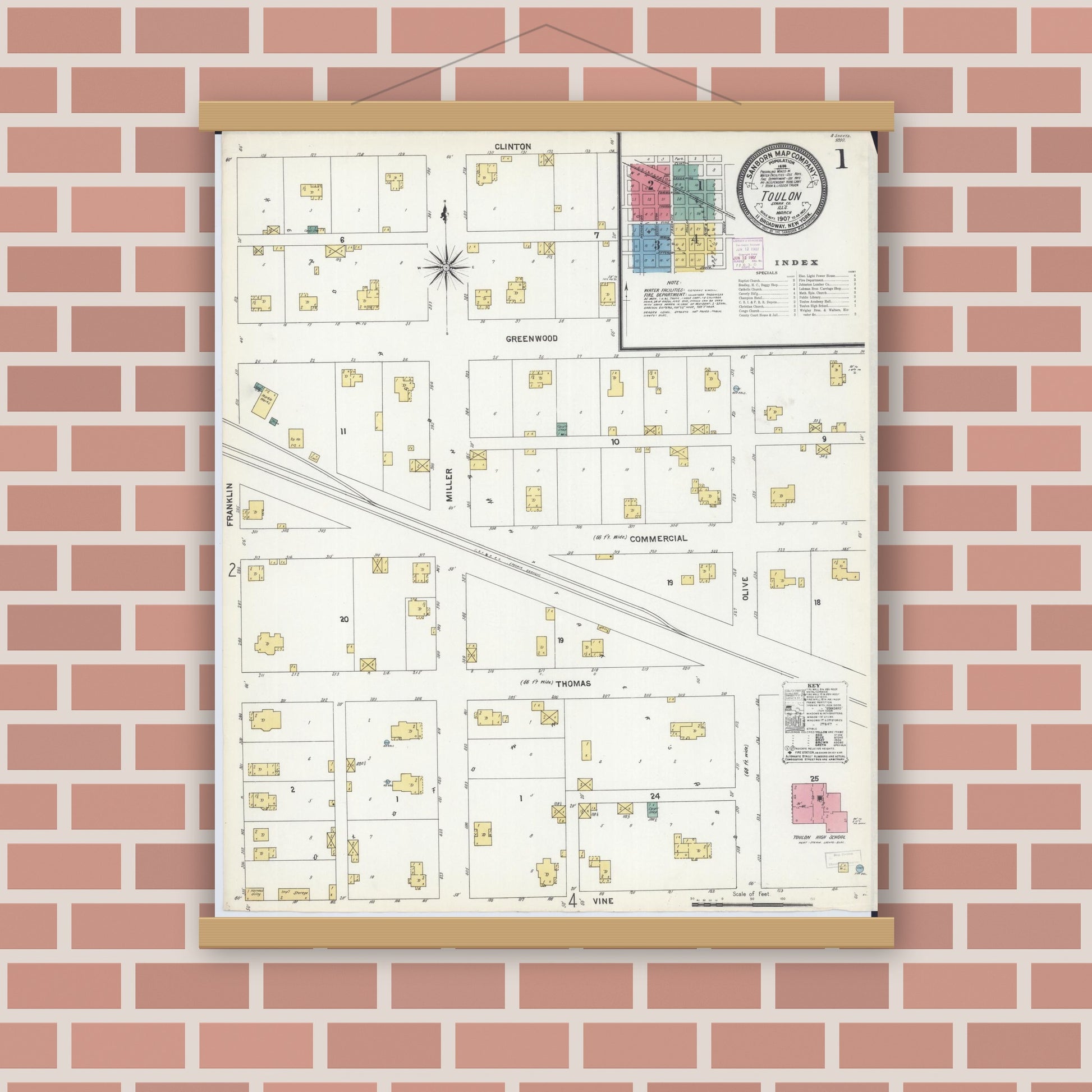 Old map wall art mockup — magnetic wood frame on brick wall — Sanborn Fire Insurance Map from Toulon, Stark County, Illinois (1907), Sheet #0001