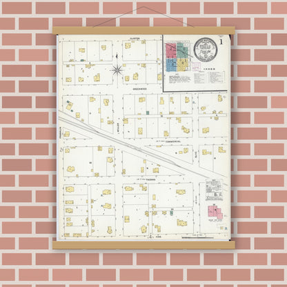 Old map wall art mockup — magnetic wood frame on brick wall — Sanborn Fire Insurance Map from Toulon, Stark County, Illinois (1907), Sheet #0001
