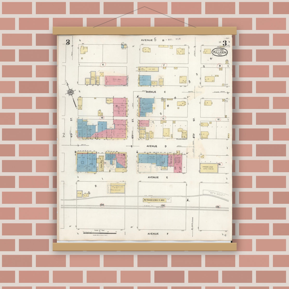 Old map wall art mockup — magnetic wood frame on brick wall — Sanborn Fire Insurance Map from Killeen, Bell County, Texas (1937), Sheet #0003