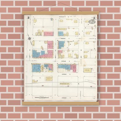 Old map wall art mockup — magnetic wood frame on brick wall — Sanborn Fire Insurance Map from Killeen, Bell County, Texas (1937), Sheet #0003