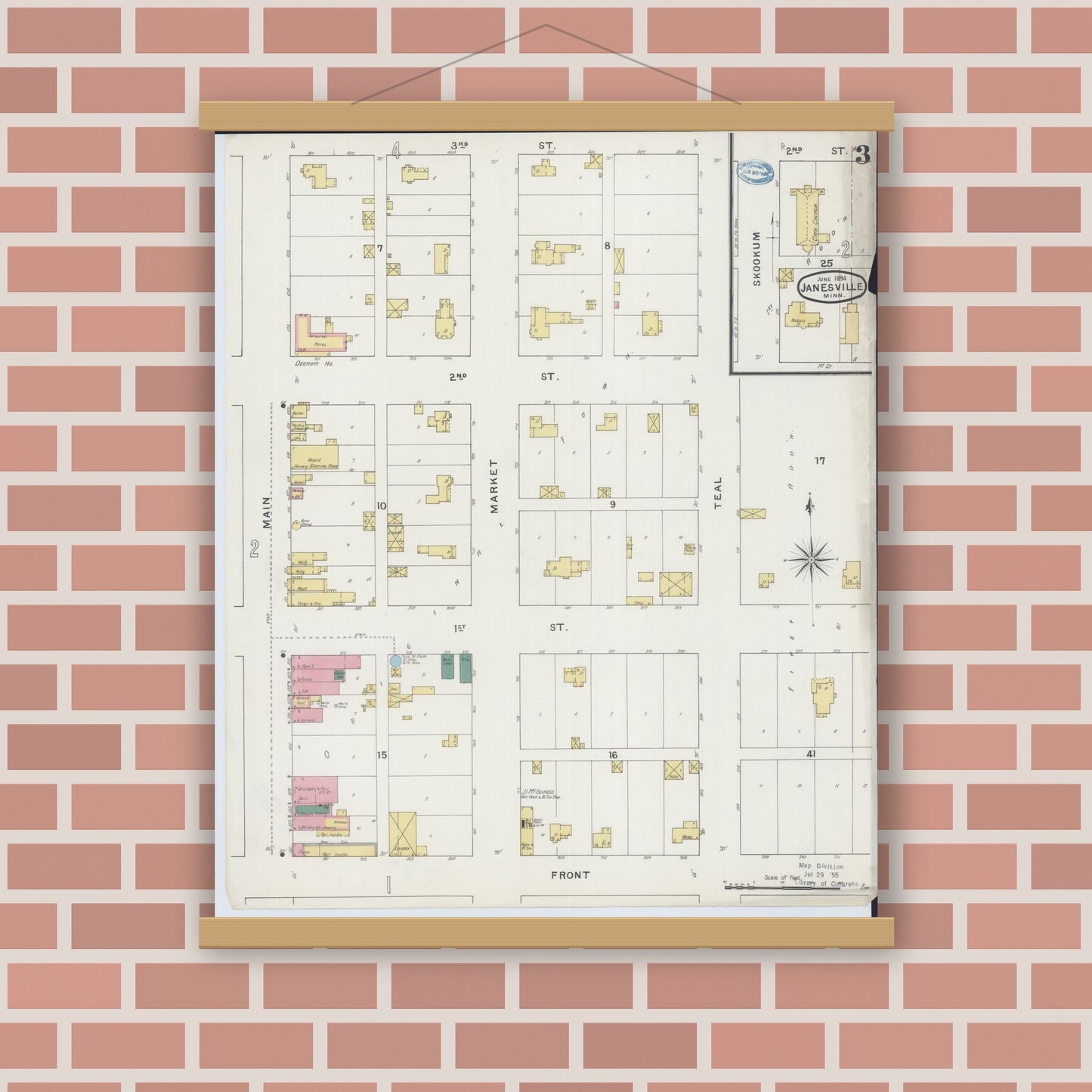 Old map wall art mockup — magnetic wood frame on brick wall — Sanborn Fire Insurance Map from Janesville, Waseca County, Minnesota (1894), Sheet #0003