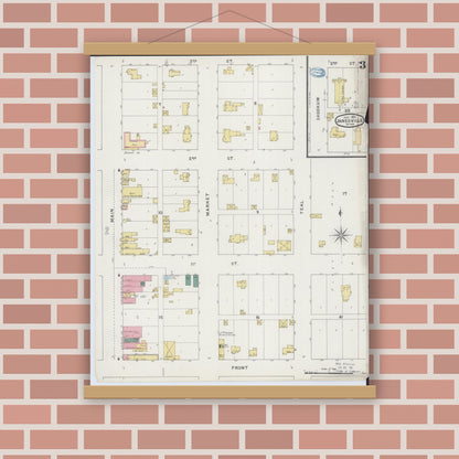 Old map wall art mockup — magnetic wood frame on brick wall — Sanborn Fire Insurance Map from Janesville, Waseca County, Minnesota (1894), Sheet #0003