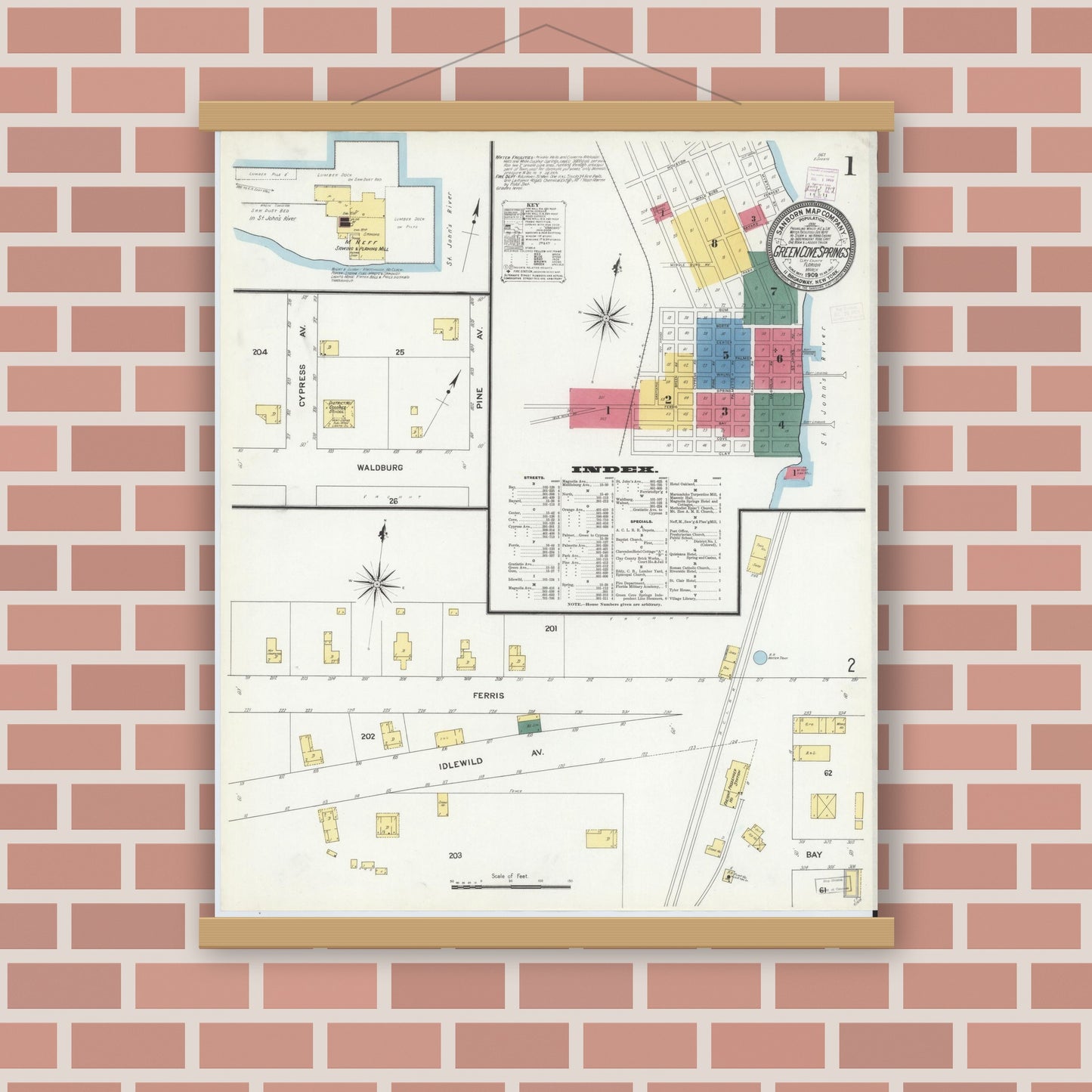 Old map wall art mockup — magnetic wood frame on brick wall — Sanborn Fire Insurance Map from Green Cove Springs, Clay County, Florida (1909), Sheet #0001