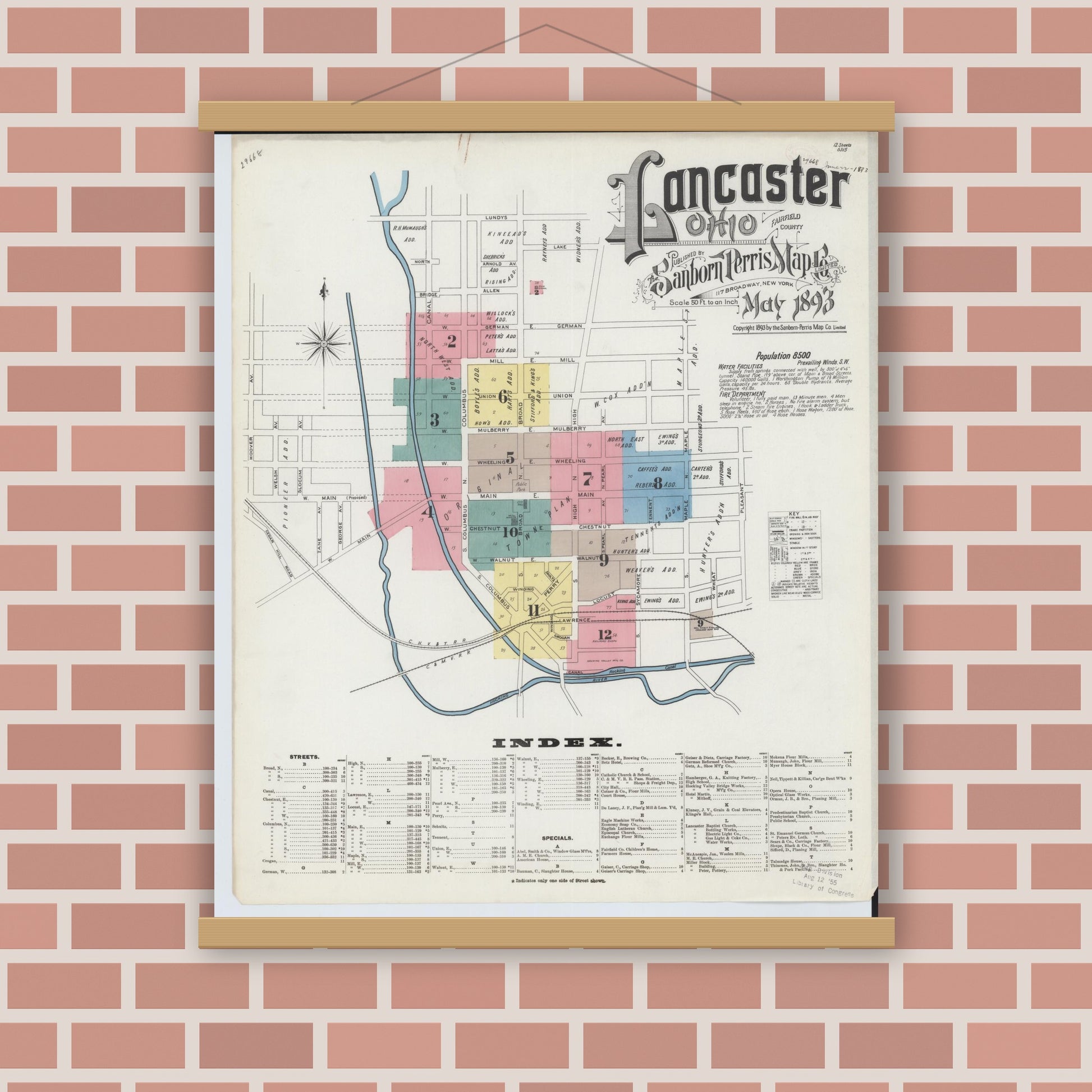 Old map wall art mockup — magnetic wood frame on brick wall — Sanborn Fire Insurance Map from Lancaster, Fairfield County, Ohio (1893), Sheet #0001