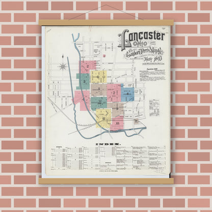 Old map wall art mockup — magnetic wood frame on brick wall — Sanborn Fire Insurance Map from Lancaster, Fairfield County, Ohio (1893), Sheet #0001