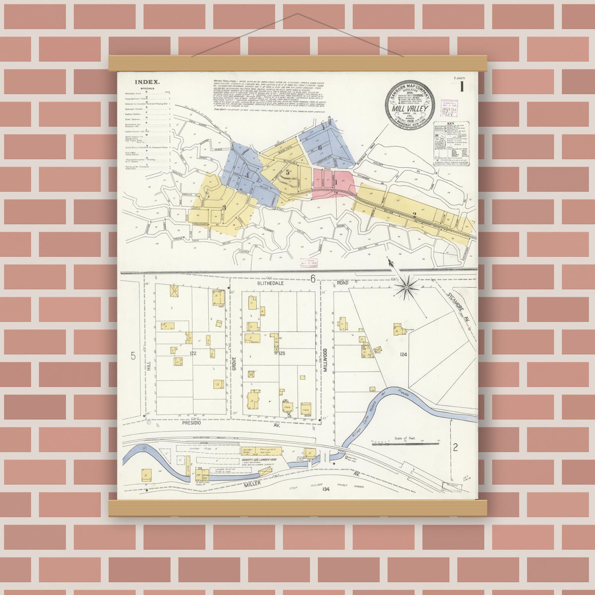 Old map wall art mockup — magnetic wood frame on brick wall — Sanborn Fire Insurance Map from Mill Valley, Marin County, California (1908), Sheet #0001