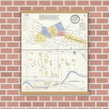 Old map wall art mockup — magnetic wood frame on brick wall — Sanborn Fire Insurance Map from Mill Valley, Marin County, California (1908), Sheet #0001