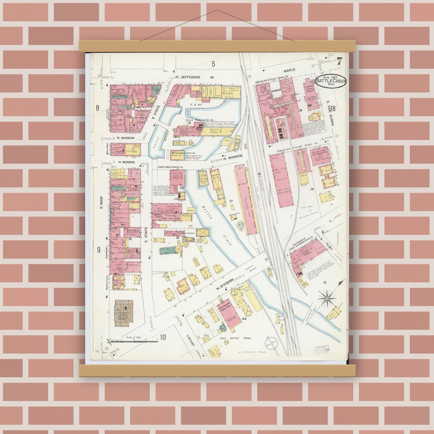 Old map wall art mockup — magnetic wood frame on brick wall — Sanborn Fire Insurance Map from Battle Creek, Calhoun County, Michigan (1907), Sheet #0007