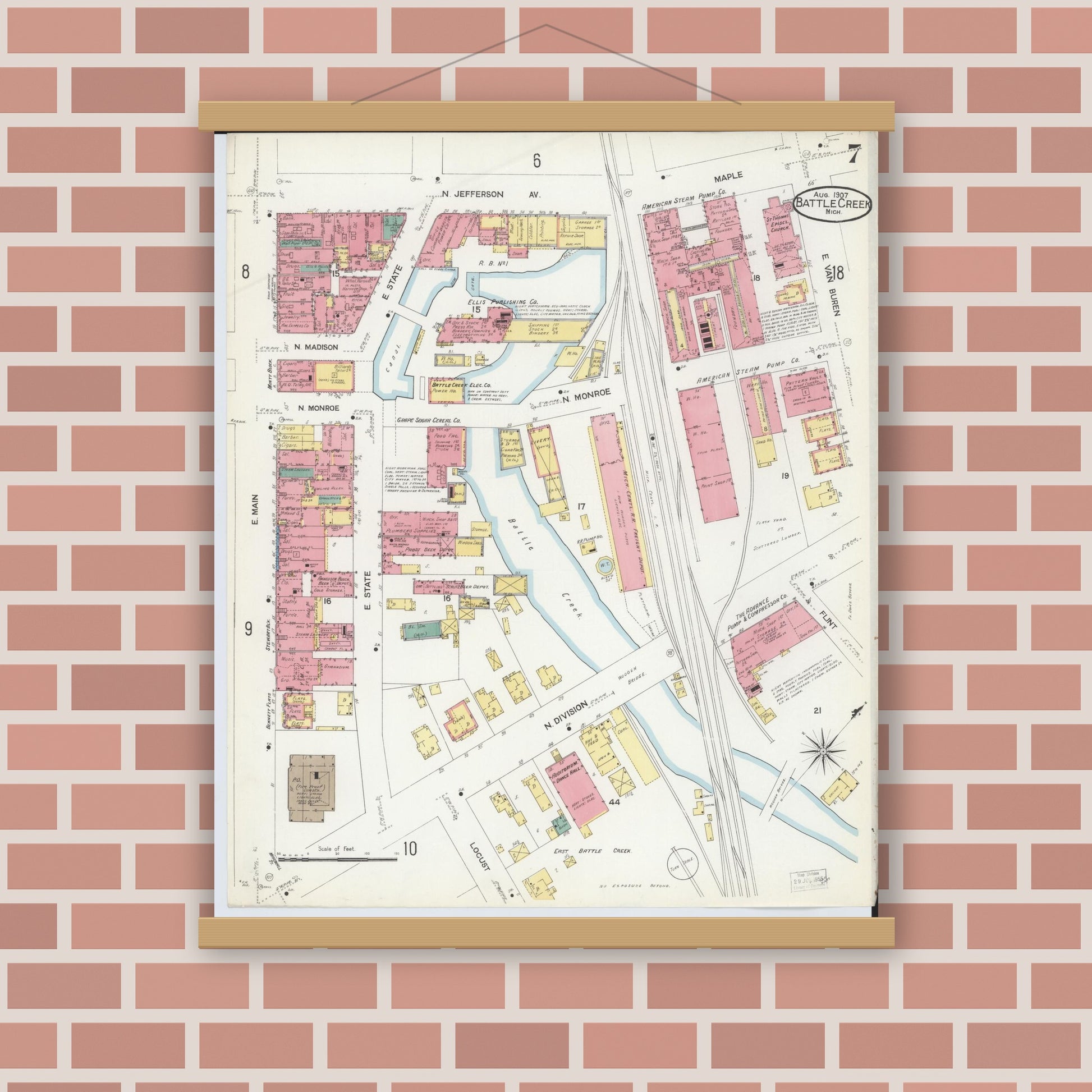 Old map wall art mockup — magnetic wood frame on brick wall — Sanborn Fire Insurance Map from Battle Creek, Calhoun County, Michigan (1907), Sheet #0007