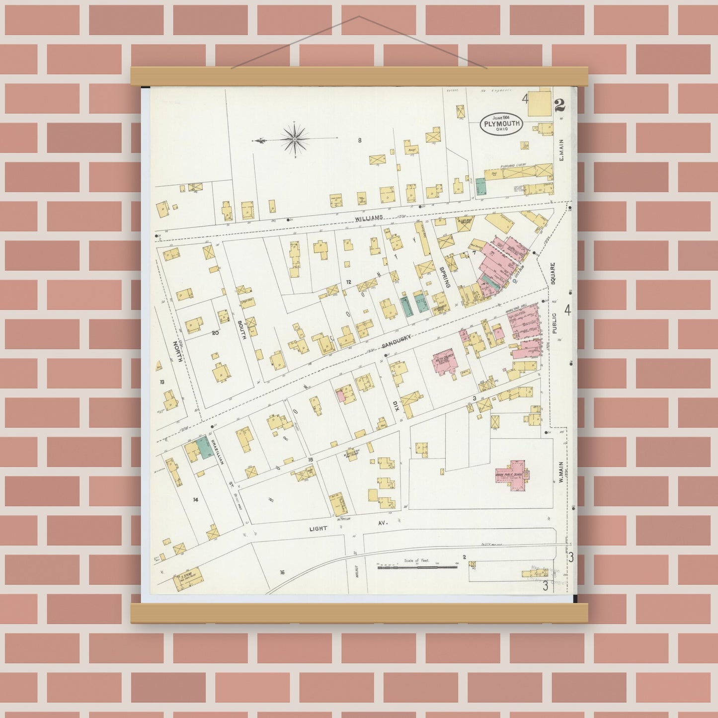 Old map wall art mockup — magnetic wood frame on brick wall — Sanborn Fire Insurance Map from Plymouth, Huron And Richland Counties, Ohio (1904), Sheet #0002