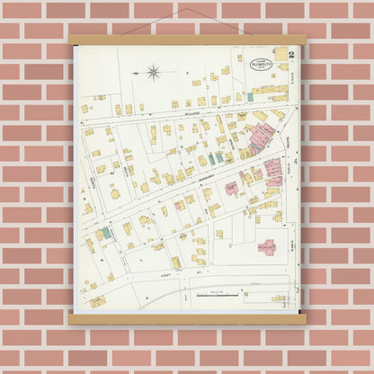 Old map wall art mockup — magnetic wood frame on brick wall — Sanborn Fire Insurance Map from Plymouth, Huron And Richland Counties, Ohio (1904), Sheet #0002
