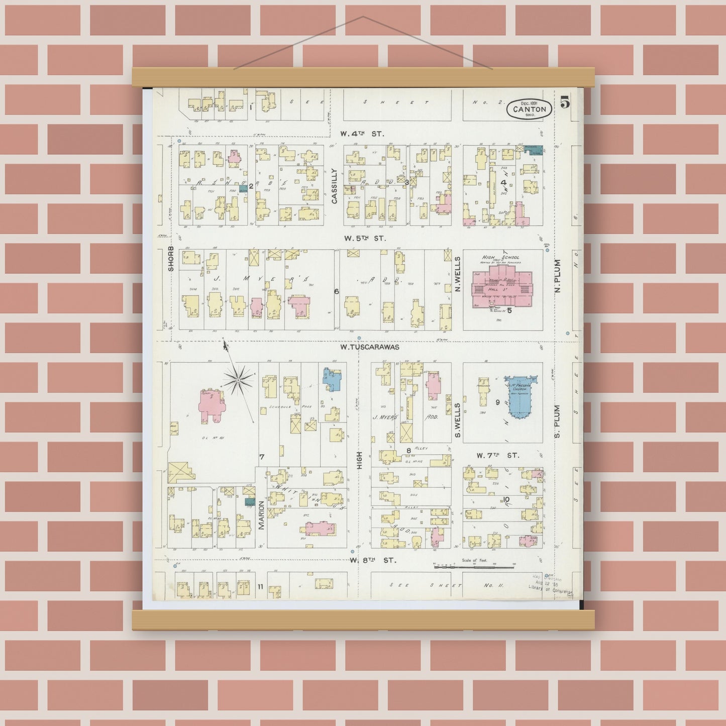 Old map wall art mockup — magnetic wood frame on brick wall — Sanborn Fire Insurance Map from Canton, Stark County, Ohio (1891), Sheet #0005