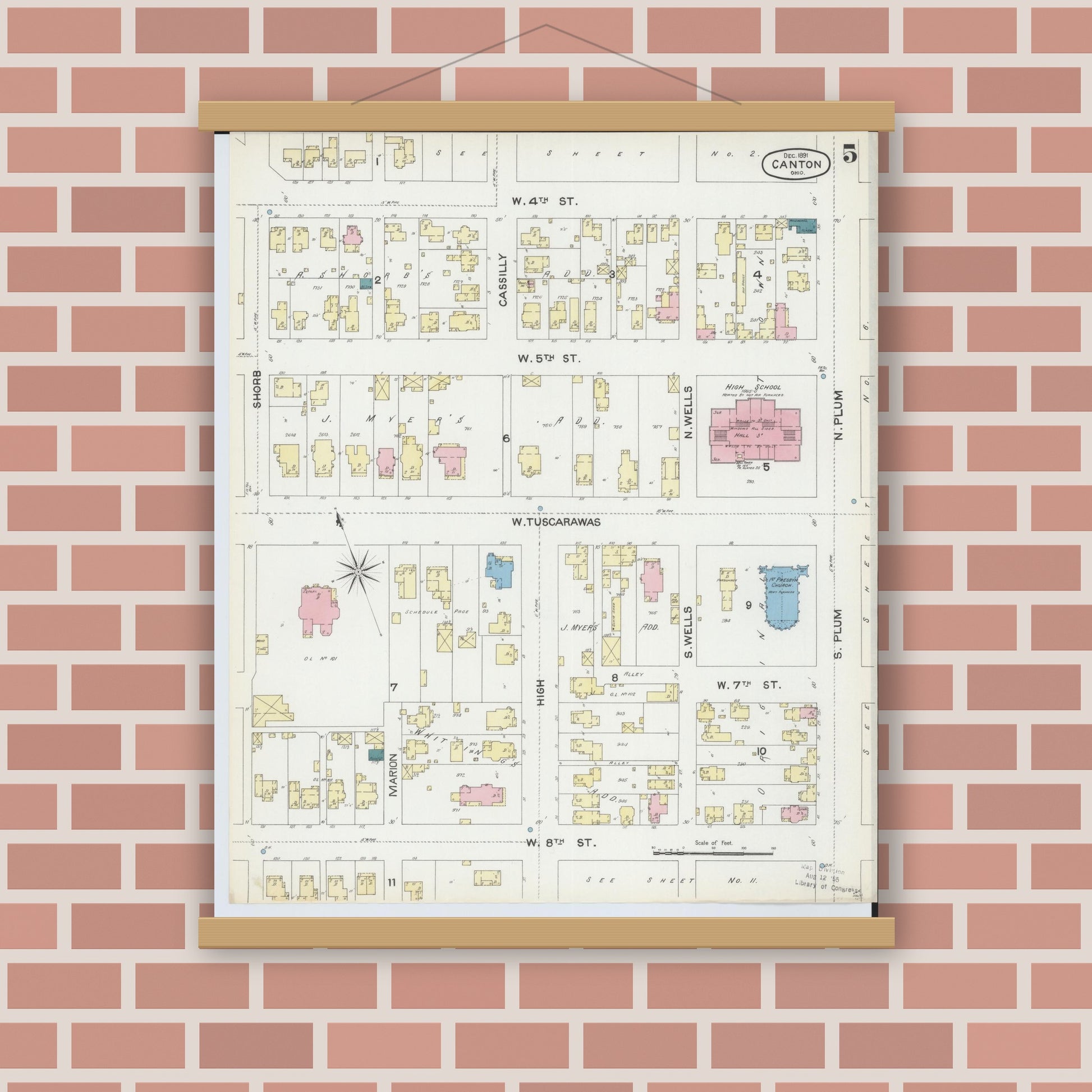 Old map wall art mockup — magnetic wood frame on brick wall — Sanborn Fire Insurance Map from Canton, Stark County, Ohio (1891), Sheet #0005