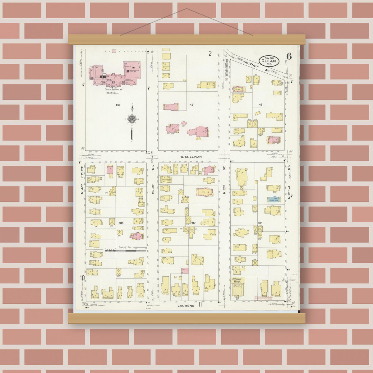 Old map wall art mockup — magnetic wood frame on brick wall — Sanborn Fire Insurance Map from Olean, Cattaraugus County, New York (1909), Sheet #0006