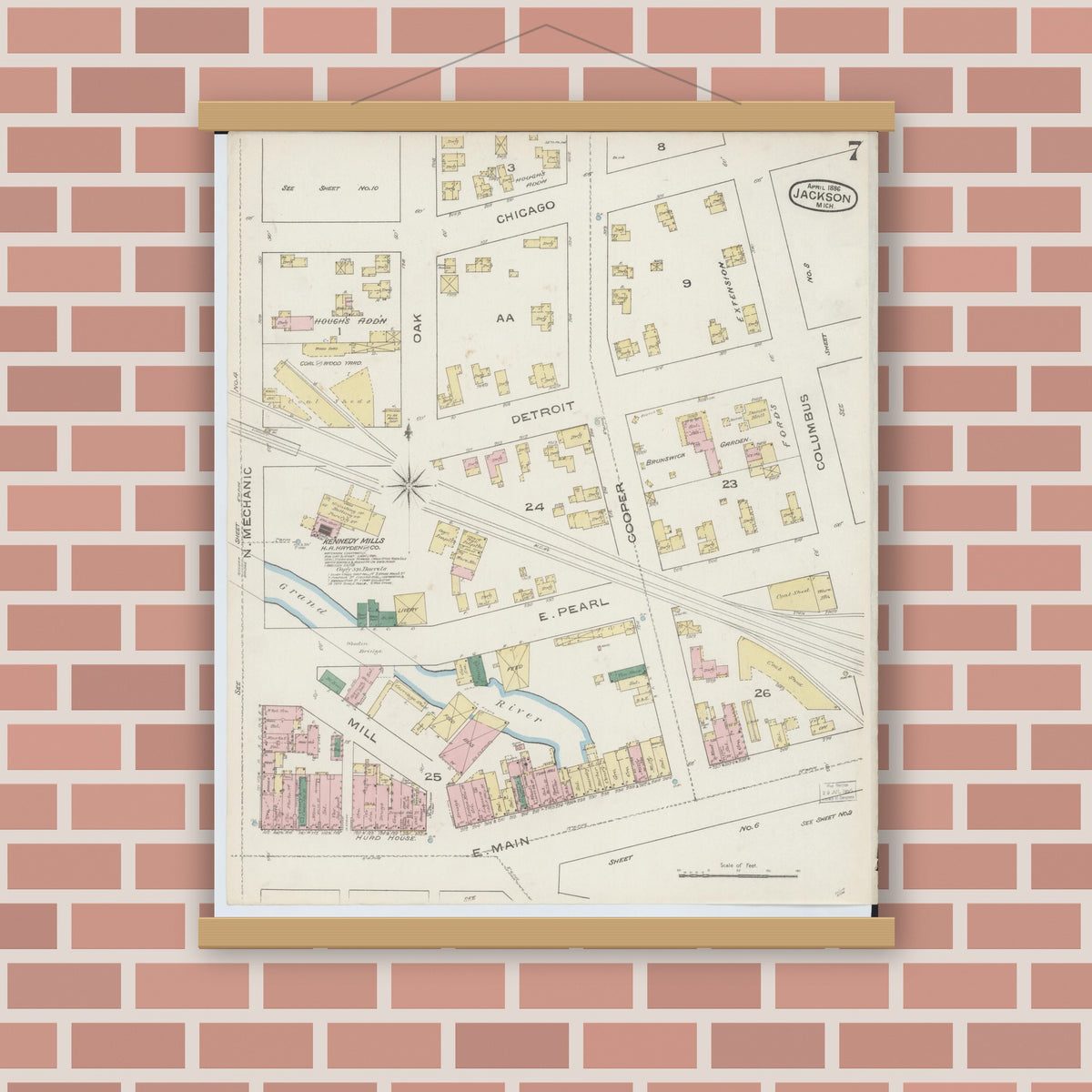 Old map wall art mockup — magnetic wood frame on brick wall — Sanborn Fire Insurance Map from Jackson, Jackson County, Michigan (1886), Sheet #0007