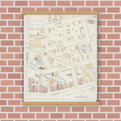 Old map wall art mockup — magnetic wood frame on brick wall — Sanborn Fire Insurance Map from Jackson, Jackson County, Michigan (1886), Sheet #0007