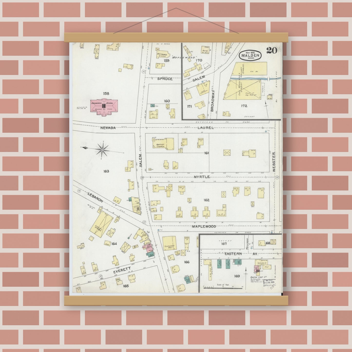 Old map wall art mockup — magnetic wood frame on brick wall — Sanborn Fire Insurance Map from Malden, Middlesex County, Massachusetts (1892), Sheet #0020