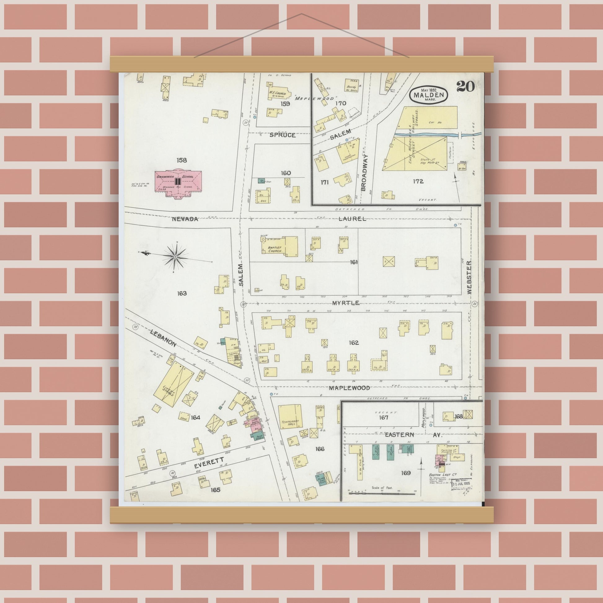 Old map wall art mockup — magnetic wood frame on brick wall — Sanborn Fire Insurance Map from Malden, Middlesex County, Massachusetts (1892), Sheet #0020