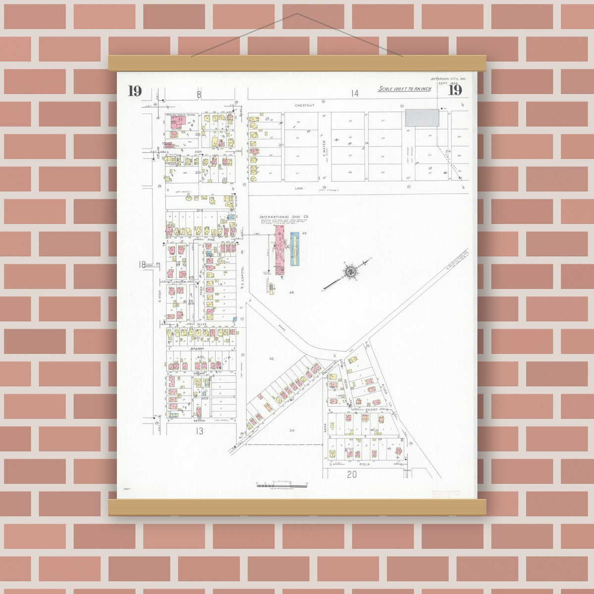 Old map wall art mockup — magnetic wood frame on brick wall — Sanborn Fire Insurance Map from Jefferson City, Cole County, Missouri (1939), Sheet #0019
