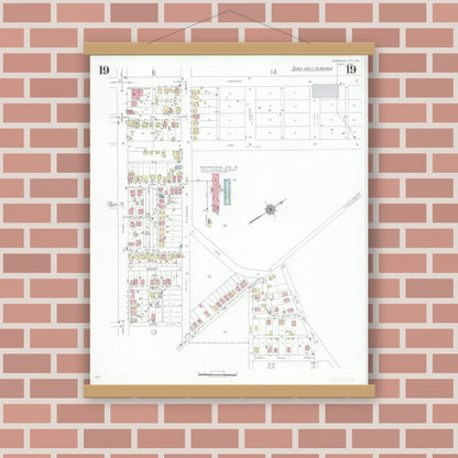 Old map wall art mockup — magnetic wood frame on brick wall — Sanborn Fire Insurance Map from Jefferson City, Cole County, Missouri (1939), Sheet #0019