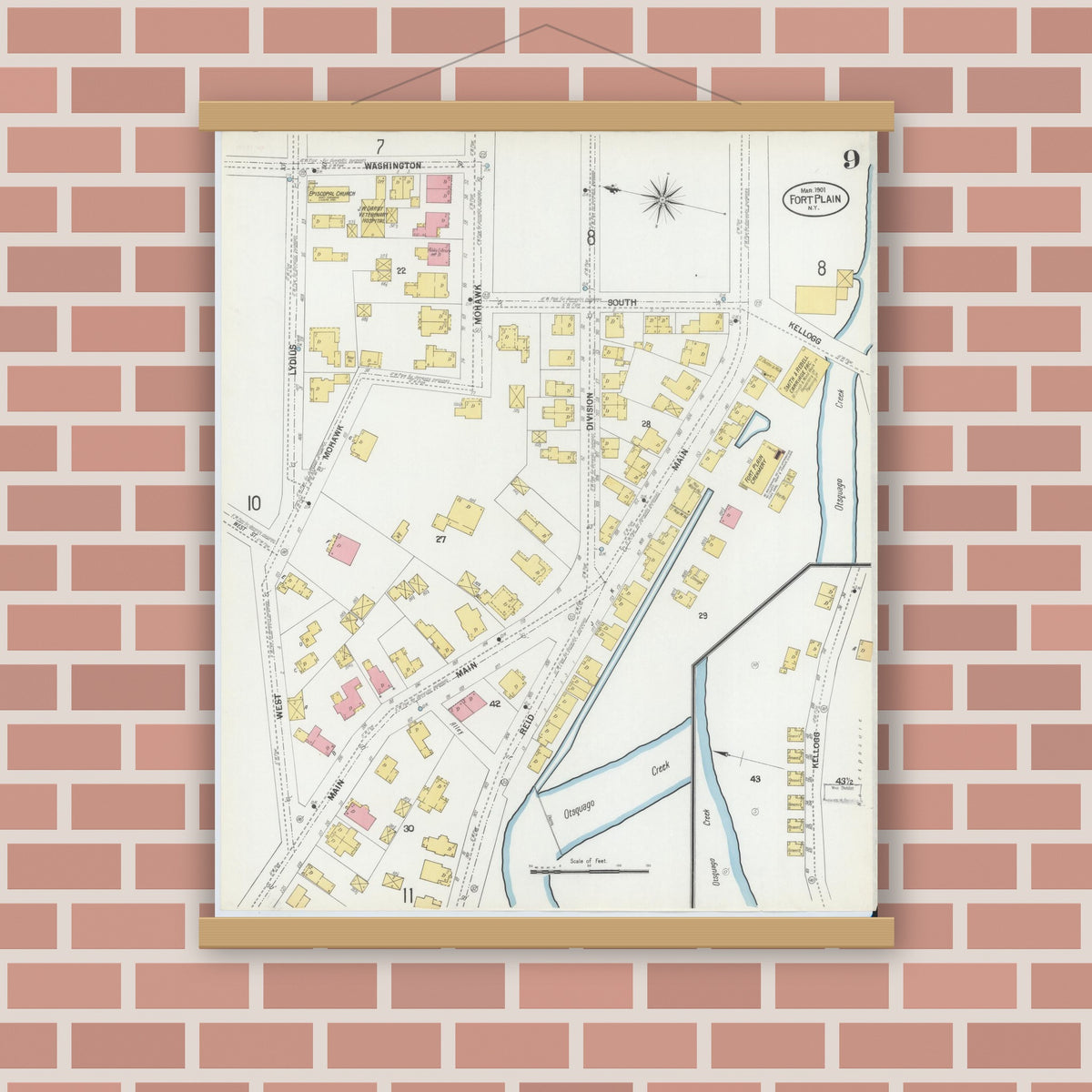 Old map wall art mockup — magnetic wood frame on brick wall — Sanborn Fire Insurance Map from Fort Plain, Montgomery County, New York (1901), Sheet #0009