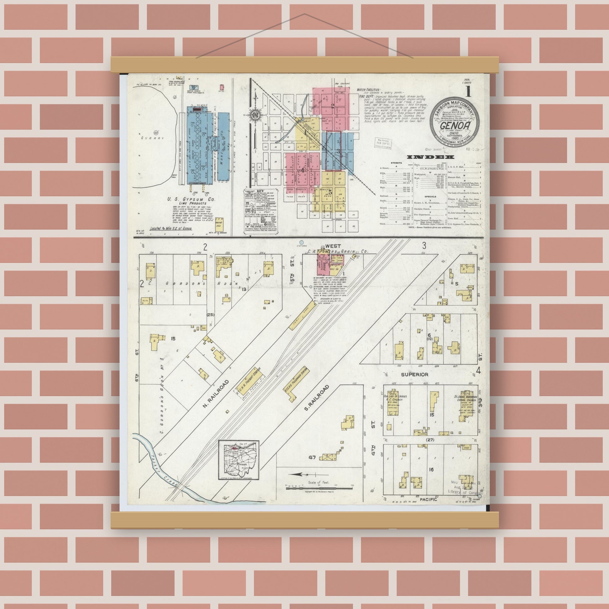 Old map wall art mockup — magnetic wood frame on brick wall — Sanborn Fire Insurance Map from Genoa, Ottawa County, Ohio (1920), Sheet #0001