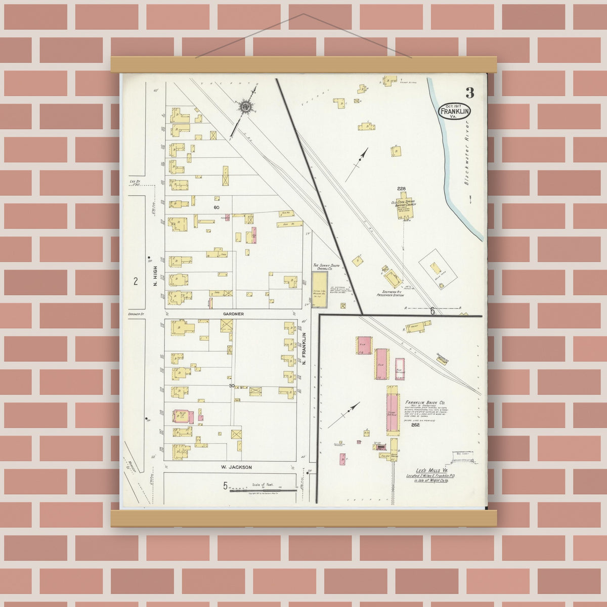 Old map wall art mockup — magnetic wood frame on brick wall — Sanborn Fire Insurance Map from Franklin, Independent Cities, Virginia (1917), Sheet #0003