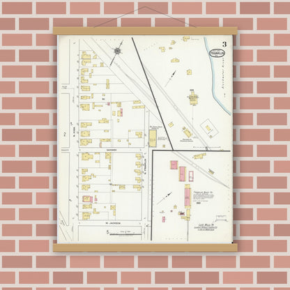 Old map wall art mockup — magnetic wood frame on brick wall — Sanborn Fire Insurance Map from Franklin, Independent Cities, Virginia (1917), Sheet #0003