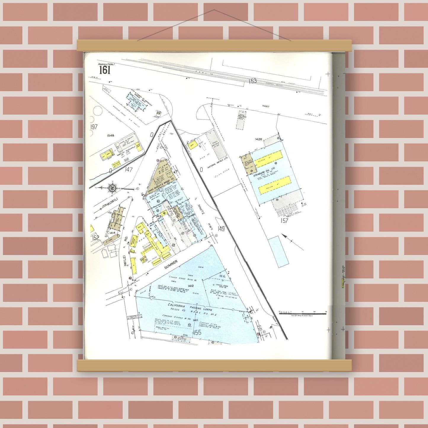 Old map wall art mockup — magnetic wood frame on brick wall — Sanborn Fire Insurance Map from Honolulu, Oahu County, Hawaii (1955), Sheet #0161