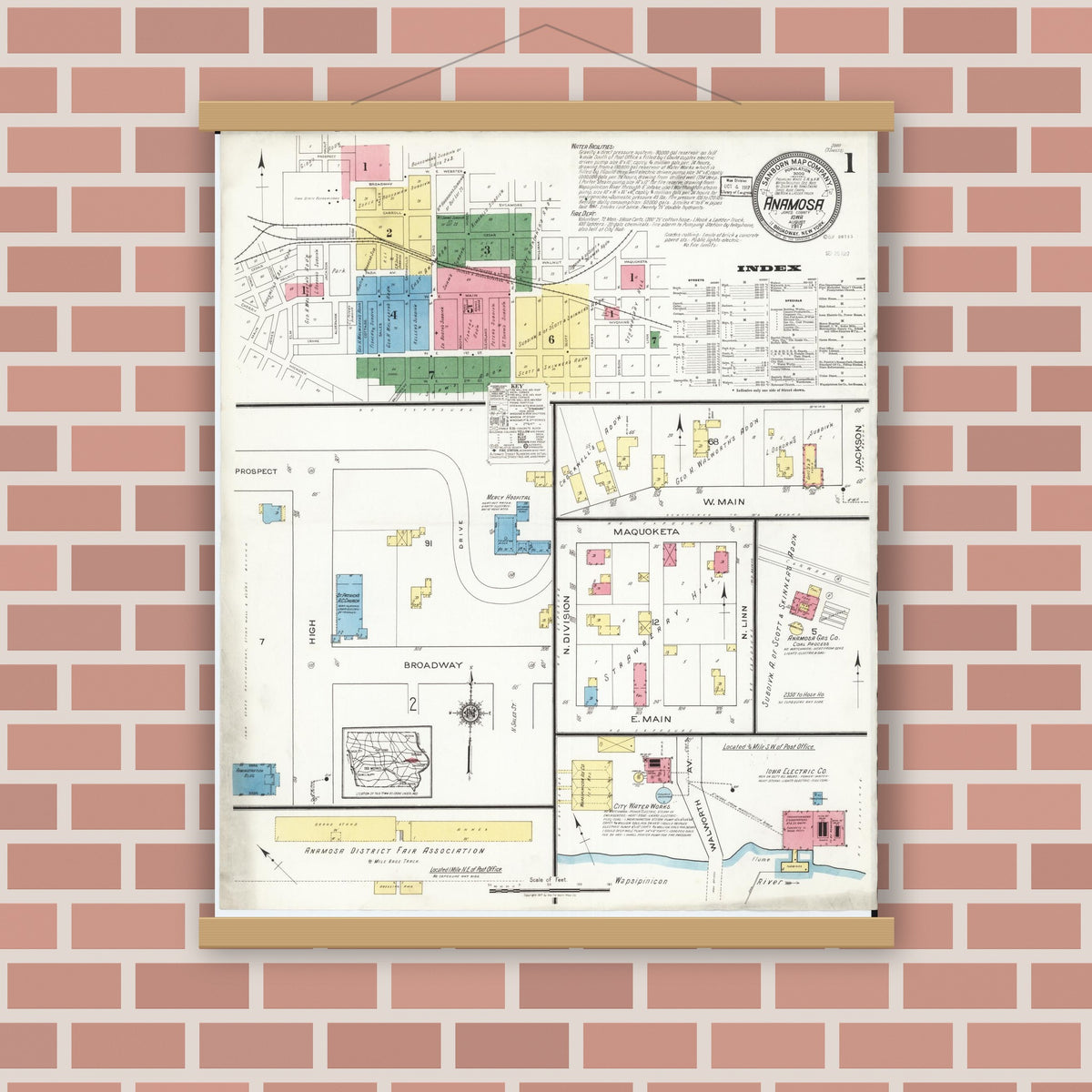 Old map wall art mockup — magnetic wood frame on brick wall — Sanborn Fire Insurance Map from Anamosa, Jones County, Iowa (1917) â€” Complete Set