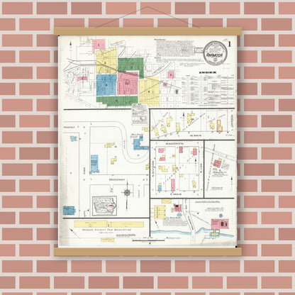 Old map wall art mockup — magnetic wood frame on brick wall — Sanborn Fire Insurance Map from Anamosa, Jones County, Iowa (1917) â€” Complete Set